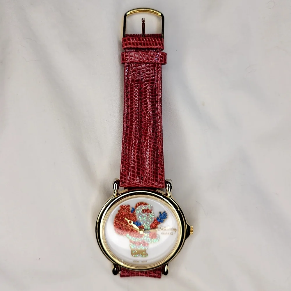 Santa Wrist Watch Adjustable Leather Strap, Vintage Red Sparkly